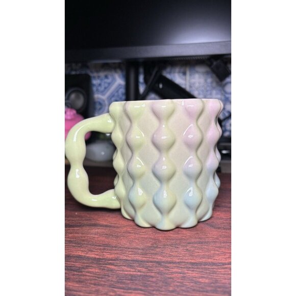 Gradient Ceramic Mug Pastel Green Pink Blue Textured Rippled Design - Picture 7 of 9